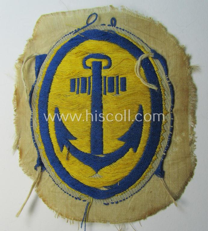 Neat, WH (Kriegsmarine) related sports'-attire-patch (ie. 'Abzeichen für den Sportanzug für Mannschaften u. Unteroffiziere der Kriegsmarine') as was executed in the neat 'BeVo'-weave-pattern that comes in a truly used- ie. worn, condition