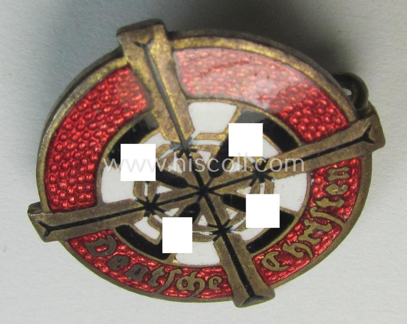 Enamelled 'RDC'- (ie. 'Reichsbewegung Deutsche Christen'-) 'Mitgliedsabzeichen' (or: membership lapel-pin of the first pattern) that is neatly maker- (ie. 'Willi Merten'-) marked and bearing a patent-pending- (ie. 'Ges.Gesch.'-) designation