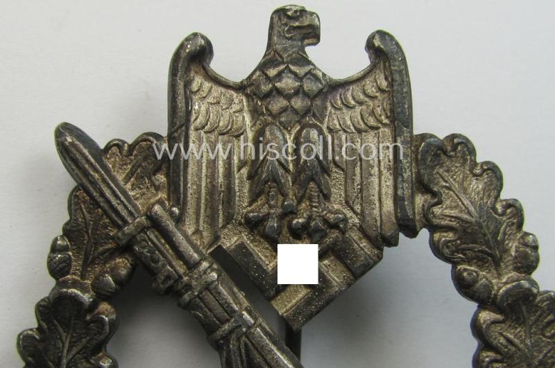 Attractive, 'Infanterie-Sturmabzeichen in Silber' (or: silver-class infantry-assault badge ie. IAB) being a neatly maker- (ie. 'C.W'- or: 'Carl Wild'-) marked example as executed in truly 'frosted', silverish-grey-coloured 'Feinzink'