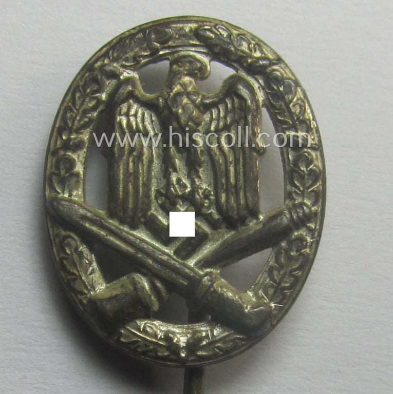 Miniature-lapel-pin depicting an: 'Allgemeines-Sturmabzeichen' (or: general-assault-badge ie. GAB) being a non-maker-marked example as executed in silver-coloured zinc-based metal (ie. 'Feinzink')