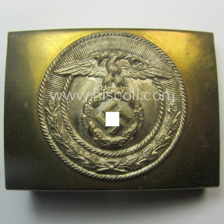 Neat and typically regular-sized! - example of a pre-war-period, SA (ie. 'Sturmabteilungen') copper- (ie. 'messing'-) based belt-buckle being a 'variant'-pattern- (ie. 'two-pieced'-) specimen having a silver-toned front-plate