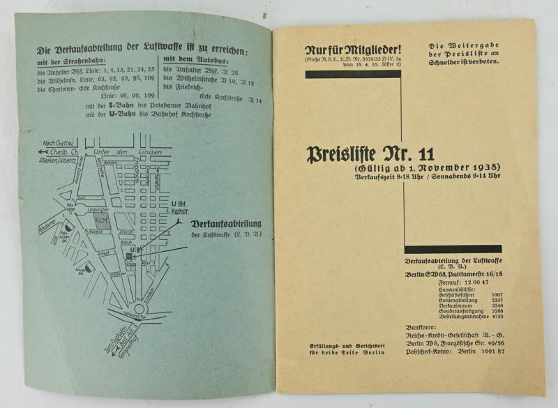 German Luftwaffe Clothing Price List Nr. 11 Booklet