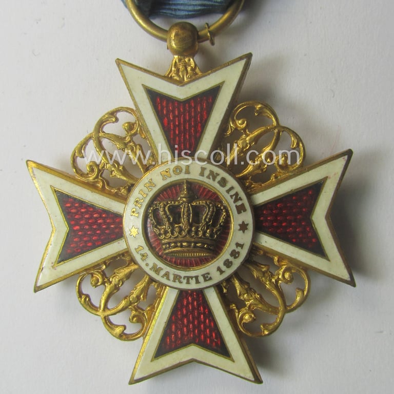 Superb - golden-toned- and nicely enamelled! - Romanian, officers'-pattern military-cross: 'Order of the Crown of Romania' (being an early example of the first pattern that was issued between 1881 and 1941)