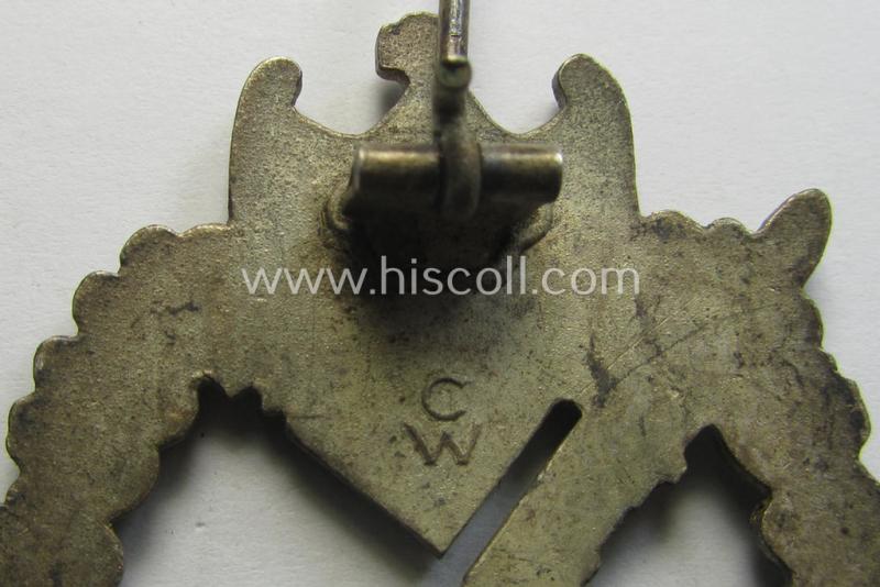 Attractive, 'Infanterie-Sturmabzeichen in Silber' (or: silver-class infantry-assault badge ie. IAB) being a neatly maker- (ie. 'C.W'- or: 'Carl Wild'-) marked example as executed in truly 'frosted', silverish-coloured 'Feinzink'