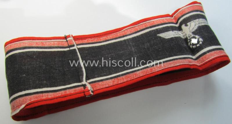 Superb, typically printed- and/or later-war-period, bright-red- and/or black-coloured so-called: 'Deutscher Volkssturm'-armband (ie. 'Armbinde') that comes in an overall very nice- (I deem hardly used- nor worn- ie. 'virtually mint'-), conditio...