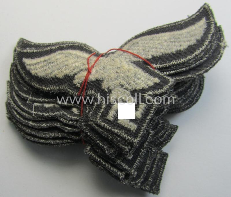 Superb, 'variant'-pattern WH (Luftwaffe) EM- (ie. eventually NCO-) type side-cap eagle (being a 'virtually mint- ie. unissued' example as executed in typical machine-embroidered-pattern onto an unusally seen 'thin-shaped'-background)