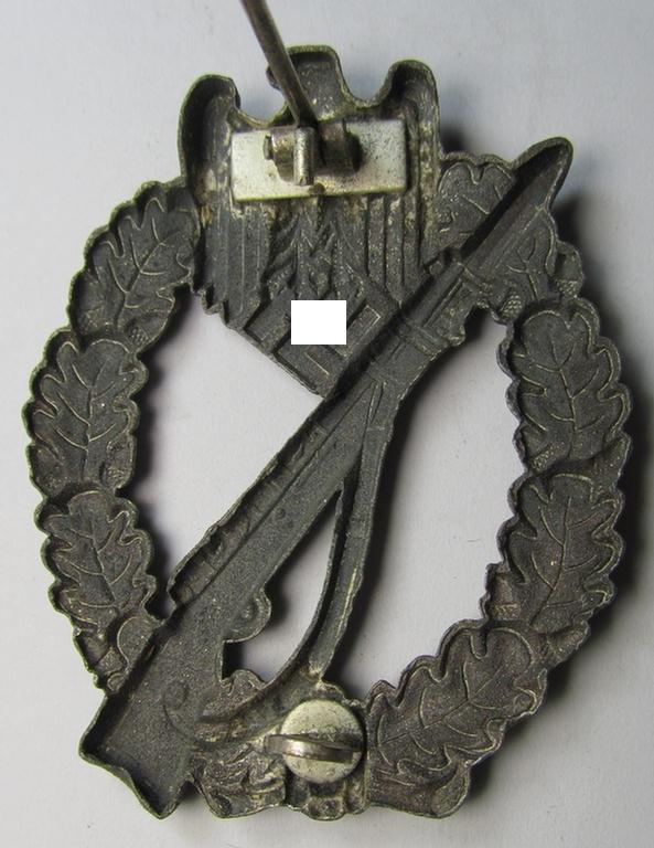 Attractive, 'hollow-back' 'Infanterie Sturmabzeichen in Silber' (or: silver infantry-assault badge ie. IAB) being a non-maker-marked example as executed in zinc-based metal (ie. 'Feinzink') as was produced by the: 'Wilh. Deumer'-company
