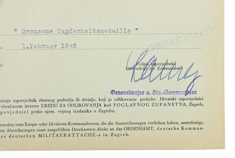 Croatian/German WW2 Bronze Bravery Medal Certificate 'Josef Seiwald'
