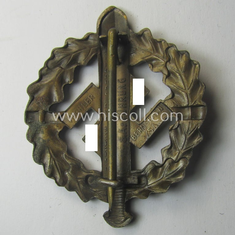 Early- (ie. pre-) war-period example of an: 'SA-Sportabzeichen in Bronze' being a detailed and/or neatly maker- (ie. 'Fechler - Bernsbach i. Sa.'-) marked example that is void of a bearers'-number