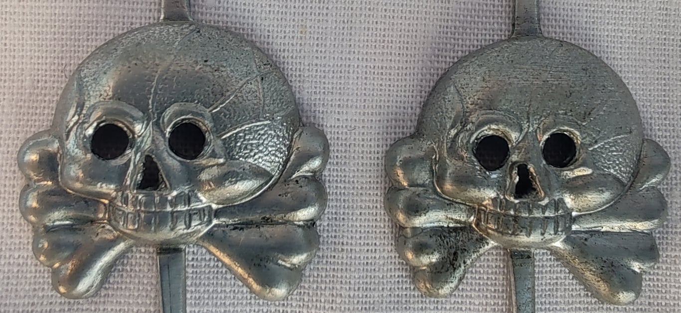 German Wehrmacht Set Of Two Mid-Late War Skulls For Panzer wrap collar tabs.