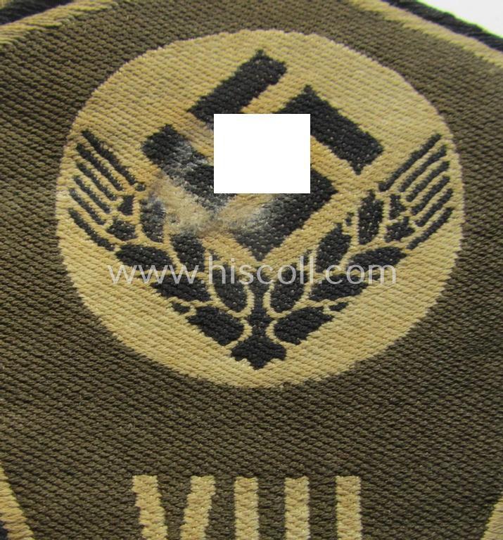 Female-related, enlisted- (ie. NCO-) pattern-, so-called: 'RADwJ'-sleeve-badge (ie. 'Abzeichen des Reichsarbeitsdienst der weiblichen Jugend') being a clearly worn example as executed in the neat 'BeVo'-weave-pattern