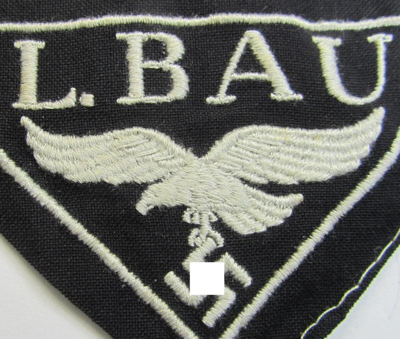 WH (Luftwaffe)-related- (EM- ie. NCO-pattern-) machine-embroidered breast-badge ie. eagle-device showing the text: 'L. Bau' as was (I deem) specifically intended for staff working within the WH 'Generalluftzeugmeister'- (ie. 'GL'-) organisation