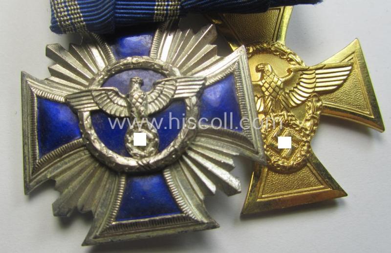 2-pieced, N.S.D.A.P.- and/or: 'Polizei'-related) medal-bar (ie. 'Spange') showing resp. a: 'N.S.D.A.P.-D.A. in Silber' (ie. '2. Stf. für 15 Jahre t.D.') and 'Pol.-Dienstauszeichnung 1. Stf.' that both come period-mounted as a: 'Doppelspang...