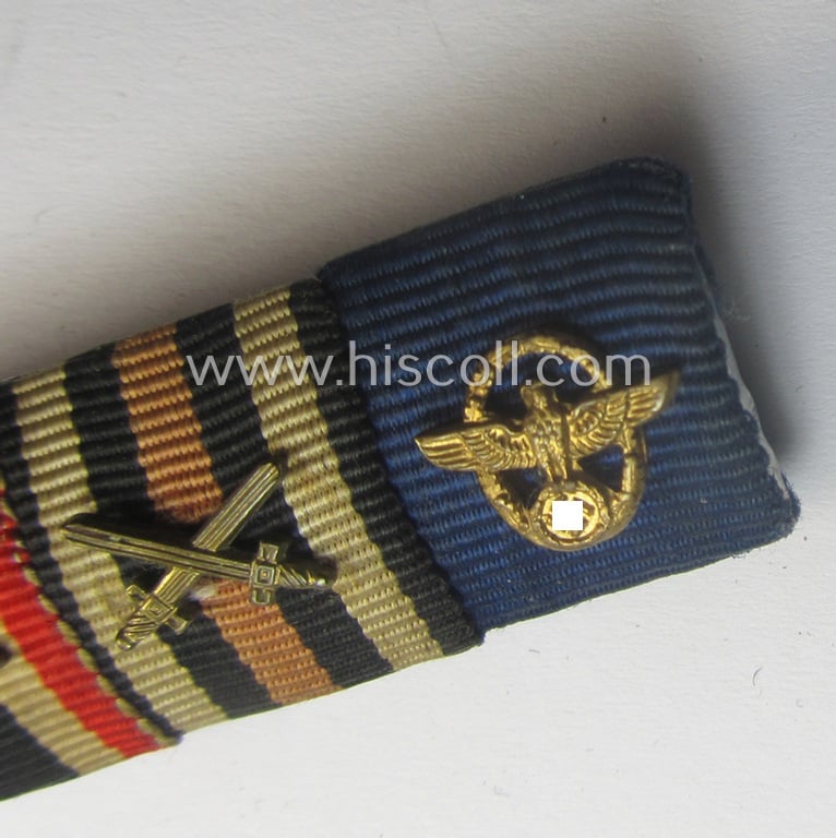 4-pieced, WWI- (ie. WWII-) period (ie. 'Polizei'-related) ribbon-bar (ie. 'Feld- o. Bandspange') showing resp. a WWI-period: 'EKII. Kl.', a: 'KvK II.Kl. mit Schwn. ', a: 'FKK m. S. 1914-18' and a: 'Pol.-DA 1. Stf.'