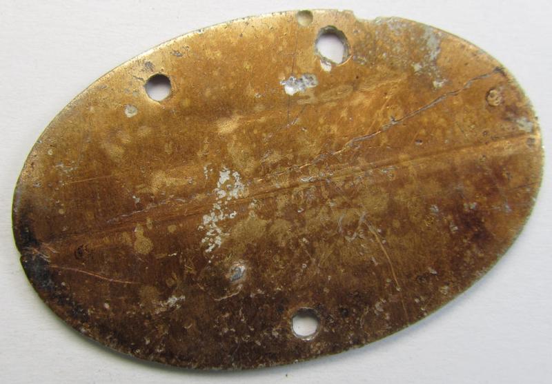 Later-war- (albeit 'standard-issue'-) pattern, WH (Kriegsmarine) typical aluminium-based- and/or bright golden-bronze toned ID-disc (ie. 'Erkennungsmarke') bearing the engraved coded numeral ie. text that reads: 'Kriegsmarine 11810/45K'