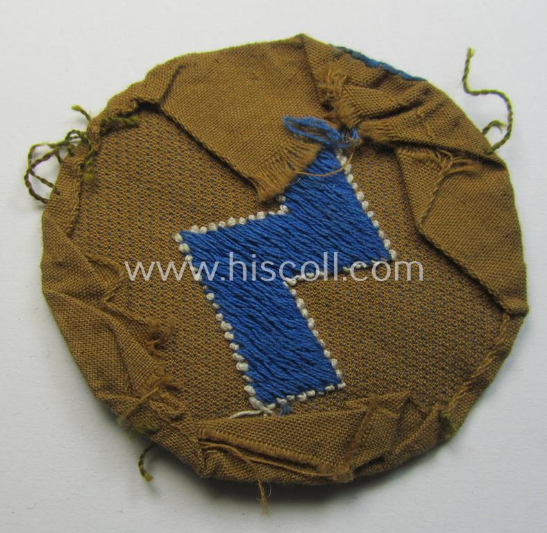 DJ (ie. 'Deutsches Jungvolk') arm-badge as was specifically intended for usage by a member who served within the: 'Oberbann 4' (being a moderately used- and carefully shirt-removed example that is void of an 'RzM'-etiket)