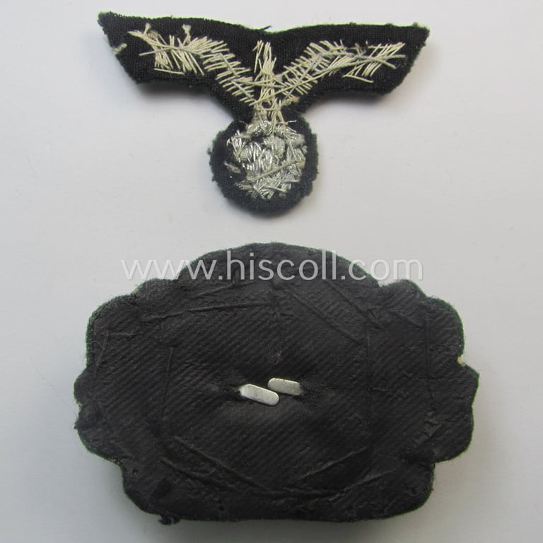Clearly used- and/or cap-removed, WH (Heeres) officers'-pattern, visor-cap eagle/cocarde-set (ie. 'Effektensatz für Schirmmütze') being both hand-embroidered examples that come mounted onto a darker-green-coloured- and/or woolen-based background