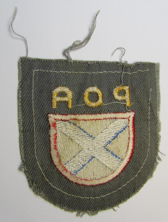 Very nice - and actually scarcely encountered! - multi-coloured, machine-embroidered- (ie. 'variant-type'-) armshield as intended for a Russian volunteer of the 'Russian Liberation Army' (ie. 'POA')