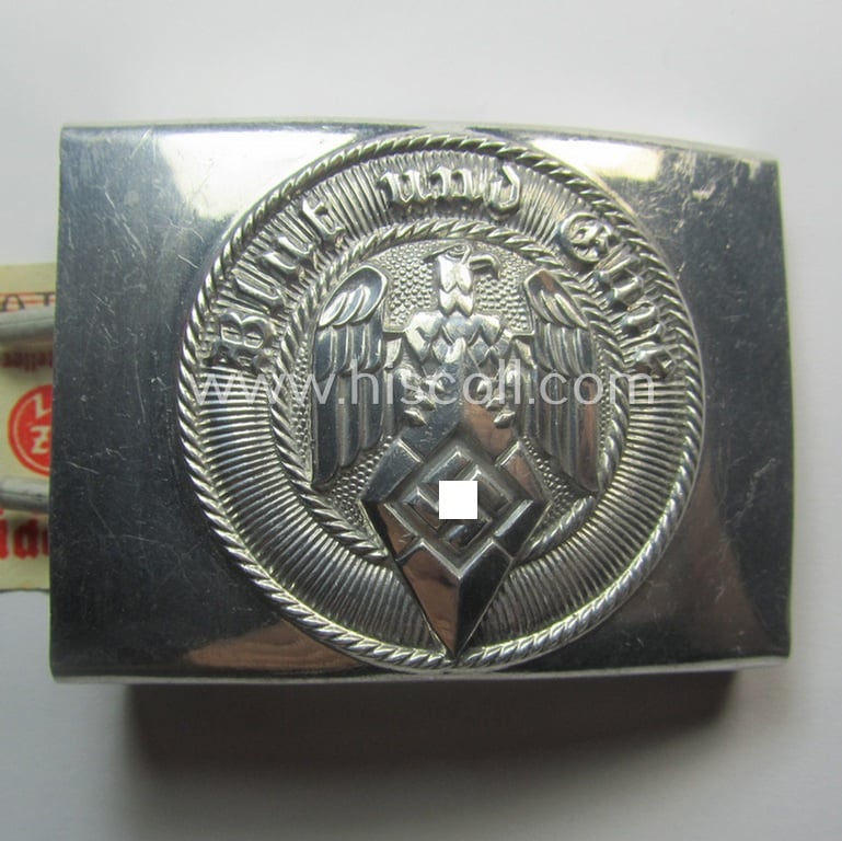 Superb - and virtually stonemint! - HJ (ie. 'Hitlerjugend') aluminium-based- (and/or unusually 'molded'-pattern!) belt-buckle being a maker- (ie. 'RzM M4/55'-) marked example that still retains its period 'RzM'-etiket