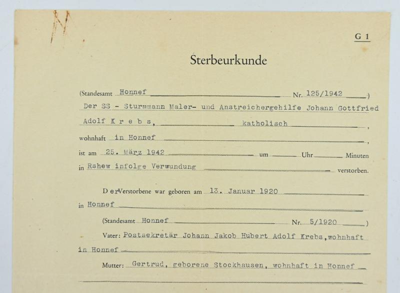 German Death Certificate 'SS Sturmann Krebs'