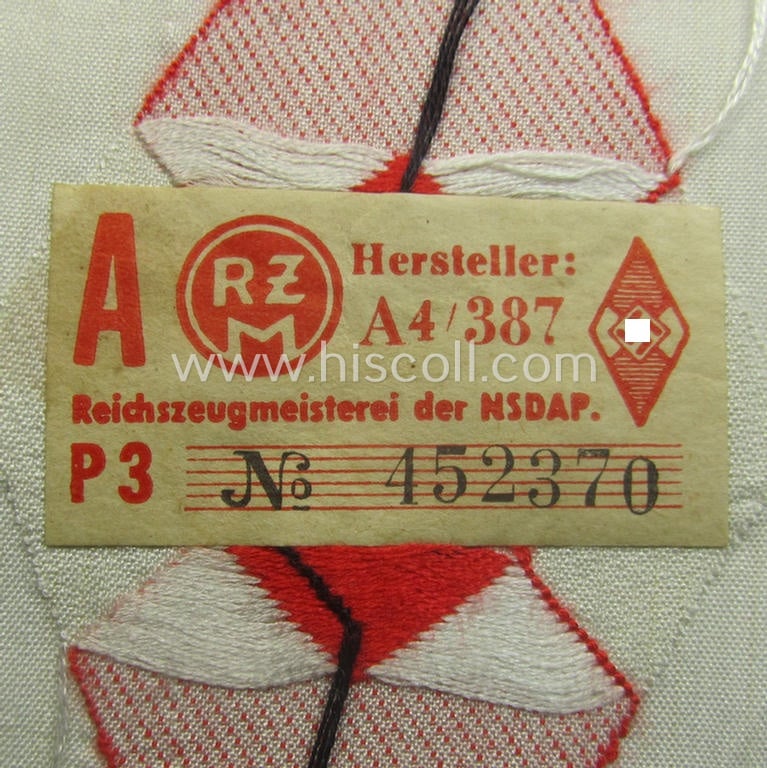 'Standard-issue'-pattern, 'Hitlerjugend'- (ie. 'Bund Deutsche Mädel) ie. HJ/BDM-related so-called: 'Ärmelraute' as executed in so-called 'BeVo'-weave pattern (being a never used- ie. 'virtually mint' example that retains its 'RzM'-etiket)