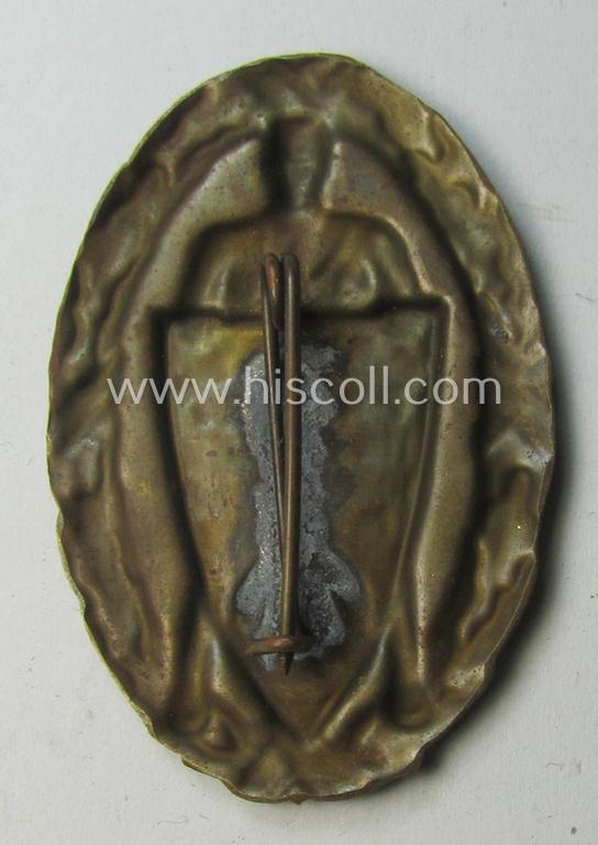 Neat, golden-bronze-toned- and/or copper-based, SA-related day-badge (ie. 'tinnie' or: 'Veranstaltungsabzeichen') as was issued to commemorate the: 'Wettkampftage SA-Gruppe Niederrhein - 10.-12. Juni 1938 - Duisburg'