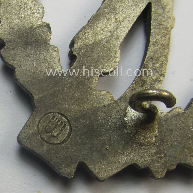 Attractive, 'Infanterie Sturmabzeichen in Silber' (or: silver-class infantry assault-badge ie. IAB) being a maker- (ie. 'ÜÜ'- ie. 'E.F. Wiedmann') marked so-called: 'Lily Pad-hinge'-example that comes stored in its period box