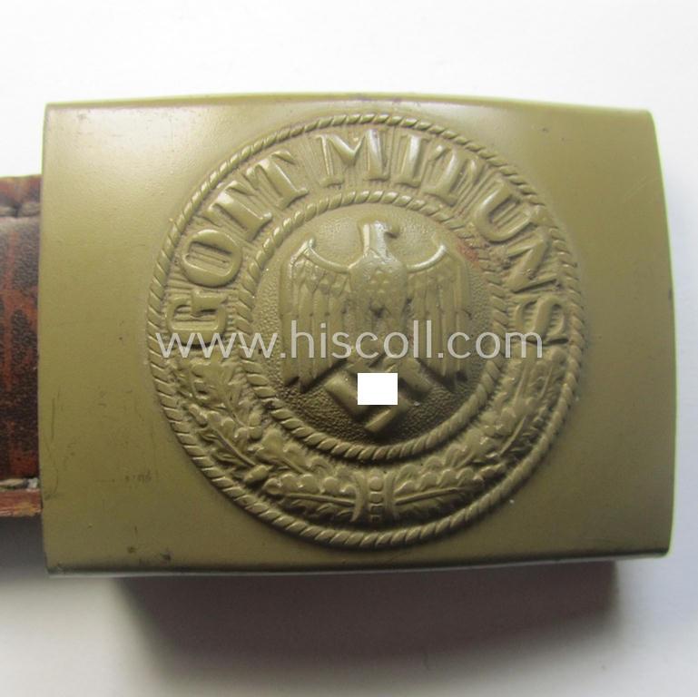 'Virtually mint', 'standard-issue'-pattern, WH (Heeres) field-grey-toned- and/or steel-based belt-buckle being a non-maker-marked example that comes mounted onto its 'B. Haarmann'-marked and/or '1941'-dated tab