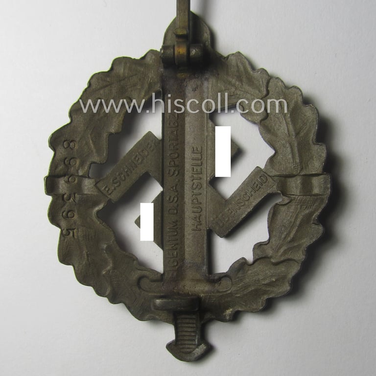 Early- (ie. pre-) war-period 'SA Sportabzeichen in Bronze' being a nicely maker- (ie. 'E. Schneider'-) marked example that bears a unique, stamped bearers'-number that reads: '899395' on its back