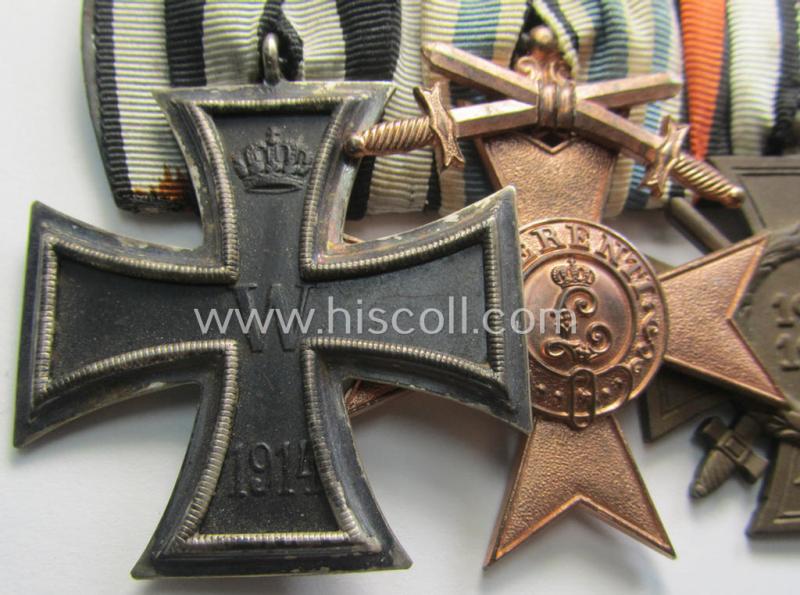 Attractive, WWI-period so-called: 'Ordenspange' (being of the non-'detachable-pattern') showing resp. an: 'EK II. Klasse', a: 'Bayern Militär-Verdienstkreuz 3. Kl. mit der Krone' and a: 'FKK 1914-18 mit Schw.' and that comes as recently fou...