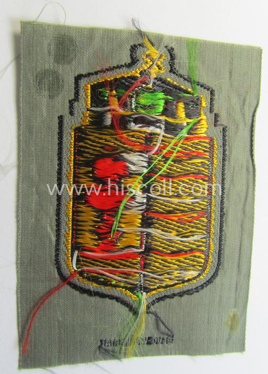 Attractive - and scarcely encountered! - German-produced, 'BeVo'-type armshield showing the coat of arms of Hungary (being a piece that was intended for a volunteer who served within the: 'Deutsche Wehrmacht')