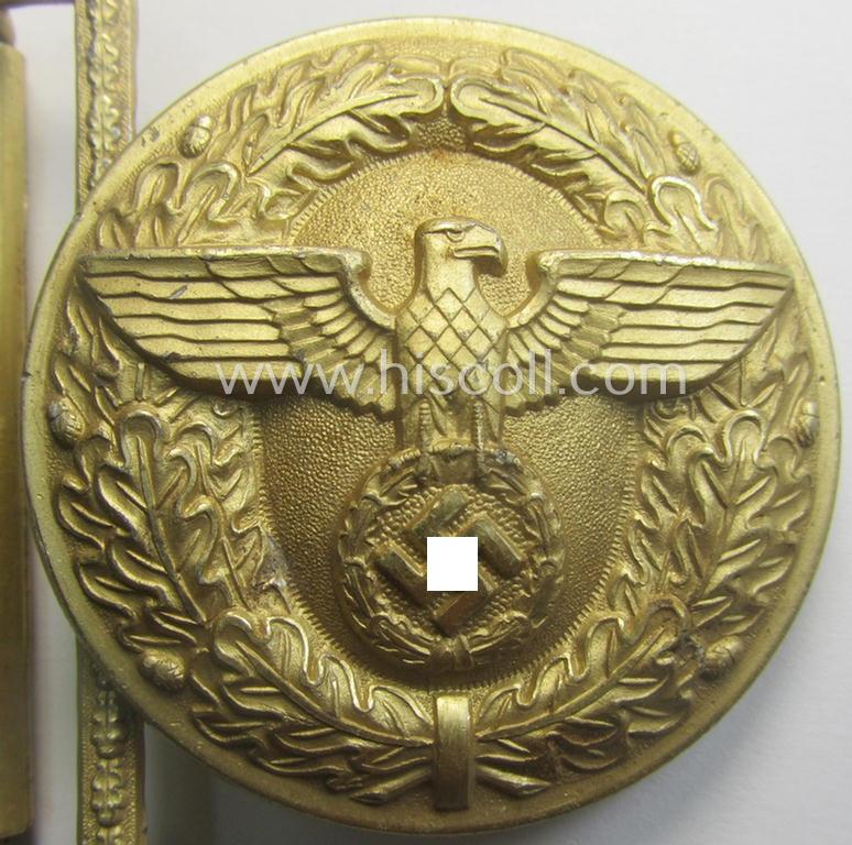 'Virtually mint', 'N.S.D.A.P.'- (ie. 'politischen Leiter'-) related bright golden-toned- and/or aluminium-based belt-buckle being a maker- (ie. 'RzM' - 'M4/27'-) marked example that comes in a hardly- even never used- nor worn, condition