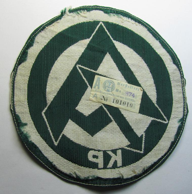 Attractive - and scarcely encountered! - SA (ie. 'Sturmabteilungen'), 'BeVo'-woven sport-shirt insignia still showing its period-attached 'RzM'-etiket as was intended for an SA-member who served within the: 'Gruppe Kurpfalz' (KP)