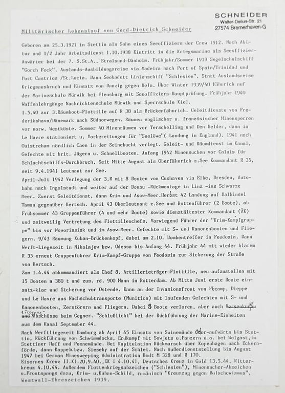 Signature of Kriegsmarine KC Recipient 'Gerd-Dietrich Schneider'