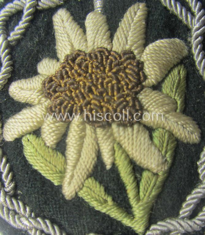 WH (Heeres) neatly hand-embroidered- and/or typical officers'- (ie. 'variant'-) pattern so-called: 'Edelweiss'-arm-badge (as specifically intended for usage by an officer serving within the 'Geb.-Jäger-Trpn.'