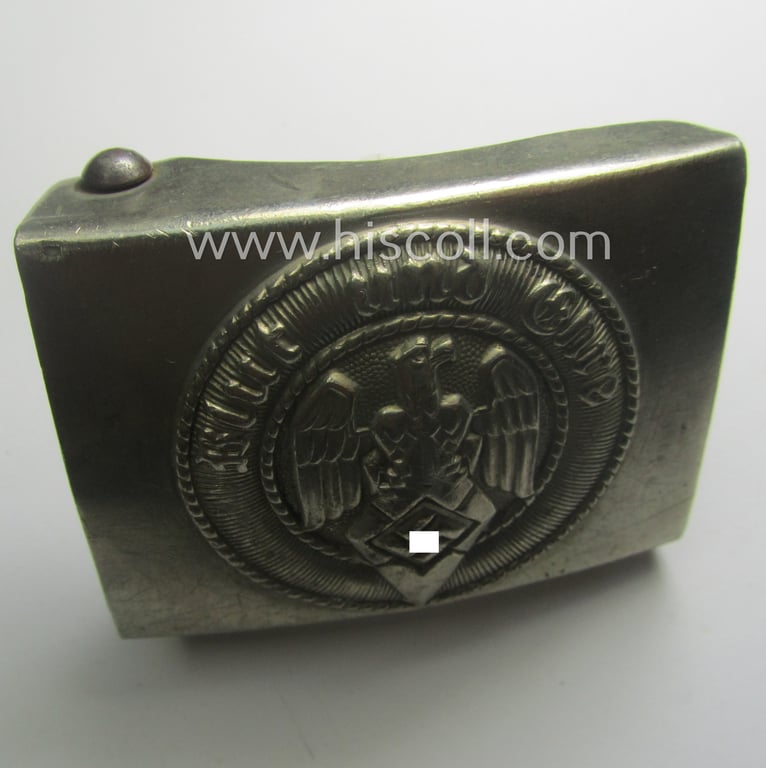 HJ (ie. 'Hitlerjugend') nickle-chrome-based belt-buckle being a neatly (double!) maker (ie. 'A'-logo and 'A&S' thus by 'Assmann & Söhne') marked specimen