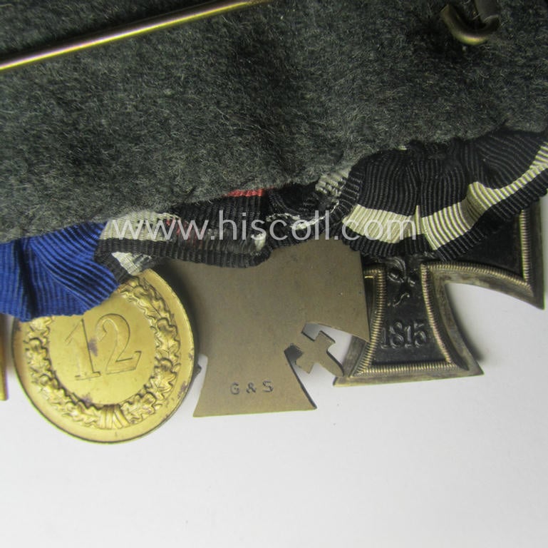 Superb, 5-pieced WWI- (ie. TR-) period, WH (Luftwaffe) medal-bar (ie. 'Ordenspange') resp. depicting an: 'EKII.Kl.', an: 'FKK 14-18 m. Schw.', a: WH (LW) 'DA 3. Stf.', a: WH (LW) 'DA 1. Stf.' and a Finish WWI-commemorative medal