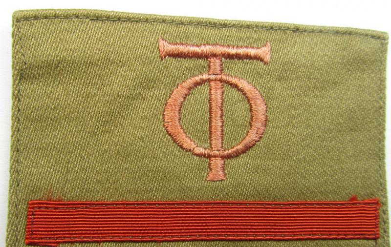 Attractive - fully matching and actually scarcely seen! - pair of OT- (ie.: 'Organisation Todt'-) related golden-brown-coloured, enlisted-mens'- (ie. NCO-) pattern rank-patches (ie. 'OT-Dienstgraden-Abzeichen')