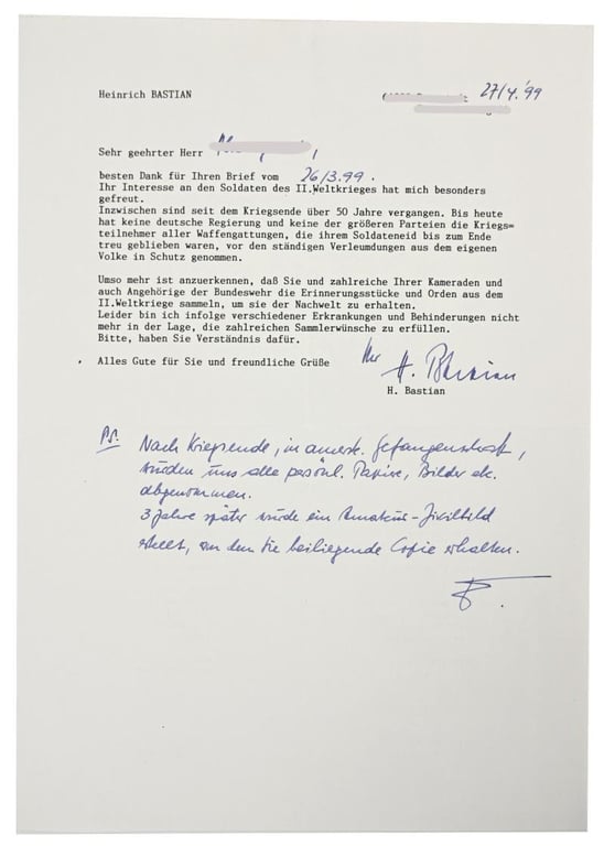 Signature of Waffen-SS KC Recipient 'Heinrich Bastian'