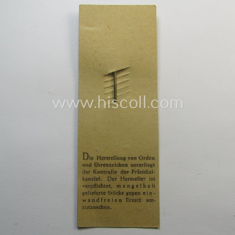 Neat - and only 9 mm. sized! - miniature-lapel-pin depicting an: 'Infanterie Sturmabzeichen in Bronze' (or: bronze-class assault-badge ie. IAB) being a non-maker-marked example that comes mounted onto its period 'LDO'-card