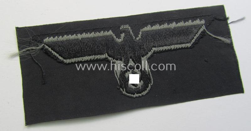 WH (Heeres) later- (ie. mid-war-) period- and/or bluish-grey-coloured 'Panzer'-type side-cap-eagle a executed in the neat 'BeVo'-weave pattern onto a typical black-coloured background