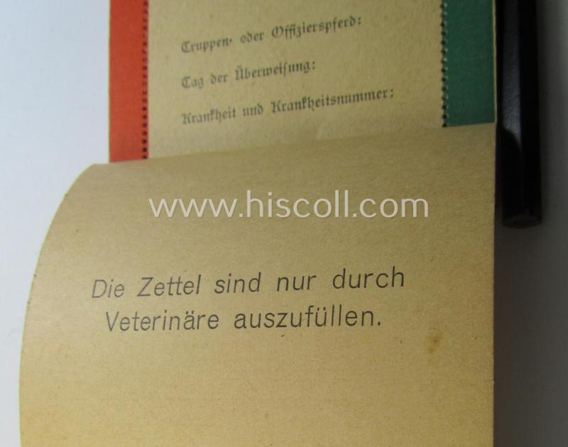 Interesting - and rarely encountered! - fully complete, WH (Heeres, Luftwaffe etc.) related medical wound-card-booklet (ie. 'Wundzettelbuch') entitled: '10 Pferdekrankenzettel' (as being specifically intended for usage by: 'Veterinaire'