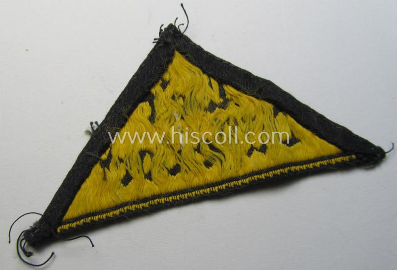 Attractive, 'HJ' ('Hitlerjugend') district-triangle (ie. 'Gebietsdreieck') entitled: 'West Düsseldorf' (being a moderately used- and/or worn example that has lost its once-attached 'RzM'-etiket)