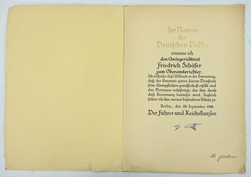 German Third Reich Promotion Document 'Oberamtsrichter'