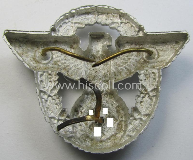 Attractive, 'standard-issue'-pattern - and typical aluminium-based - 'Polizei'- (ie. police) visor-cap eagle being a bright-silver-coloured- and non-maker-marked example as was intended for usage on the various 'Polizei' (ie. police) visor-caps