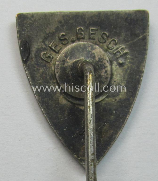 Membership-lapel-pin as was intended to signify membership within the: 'Nationalsocialistischer Reichskriegerbund' (ie. 'N.S.R.K.B.') being a non-maker-marked example that bears a: 'Ges.Gesch.'-patent-pending-designation