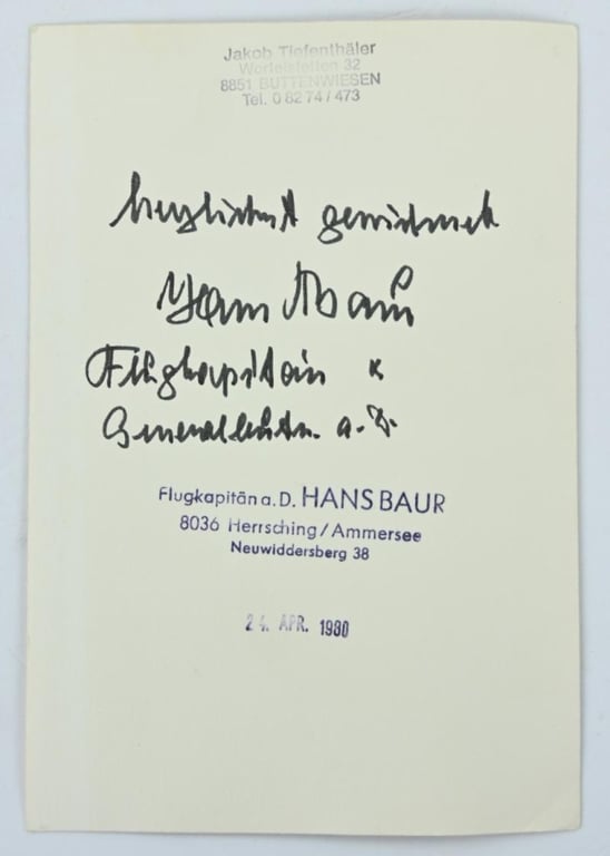 Signature of Hans Baur, Personal Pilot Adolf Hitler