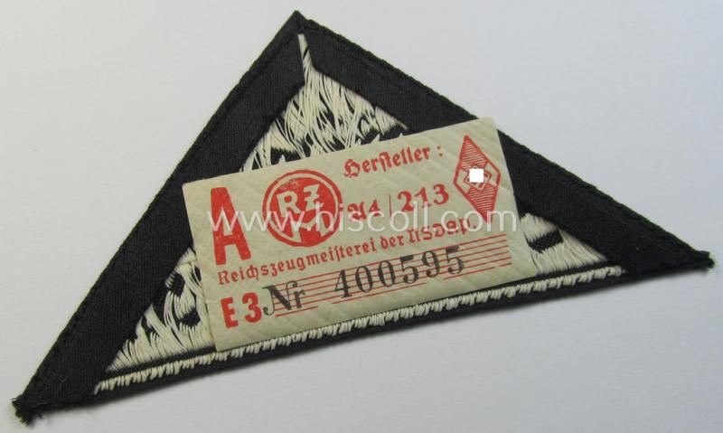 'HJ' ('Hitlerjugend') ie. 'BDM'- ('Bund Deutscher Mädel') district-triangle (ie. 'Gebietsdreieck') entitled: 'Südost Steiermark' (being a simply never used- nor worn example that still retains its period-attached 'RzM'-etiket)