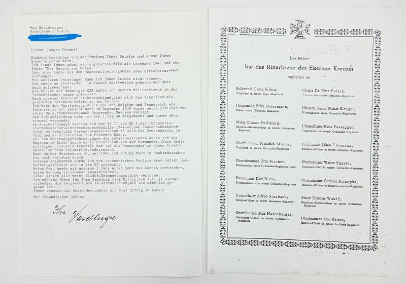 Signature of Wehrmacht Heer KC Recipient 'Max Harschberger'