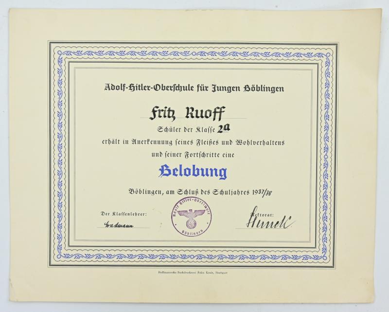 German Third Reich Certificates 'Adolf Hitler Schule'